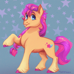 Size: 606x607 | Tagged: safe, artist:pigeorgien, imported from derpibooru, sunny starscout, earth pony, pony, braid, coat markings, colored hooves, female, g5, looking at you, mare, raised hoof, smiling, smiling at you, socks (coat markings), solo, unshorn fetlocks