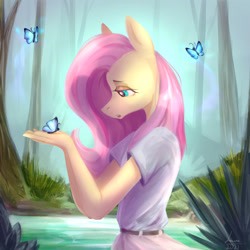 Size: 1280x1280 | Tagged: safe, artist:louraa, imported from derpibooru, fluttershy, anthro, butterfly, pegasus, bedroom eyes, clothes, digital art, female, forest, lake, solo, solo female, tree