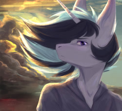 Size: 1280x1164 | Tagged: safe, artist:louraa, imported from derpibooru, oc, oc only, anthro, unicorn, art trade, bust, clothes, cloud, digital art, horn, looking at you, male, portrait, shirt, sky, solo, solo male