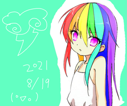 Size: 1041x870 | Tagged: safe, artist:cz, imported from derpibooru, rainbow dash, human, anime style, colored pupils, female, humanized, looking at you, simple background, sleeveless, solo