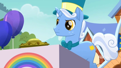 Size: 848x480 | Tagged: safe, imported from derpibooru, screencap, sunny skies, pony, unicorn, rainbow roadtrip, bowtie, hat, male, solo, stallion