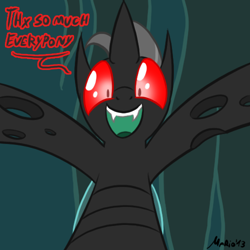 Size: 500x500 | Tagged: safe, artist:srmario, imported from derpibooru, oc, oc only, oc:reinflak, changeling, bust, changeling oc, fangs, male, open mouth, red changeling, red eyes, signature, smiling, solo, talking