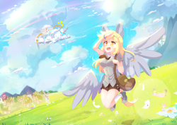 Size: 3508x2480 | Tagged: safe, artist:bubbletea, imported from derpibooru, derpy hooves, human, pegasus, anime style, breasts, cloud, cloudsdale, dizzy doo, eyebrows, eyebrows visible through hair, food, grassland, high res, humanized, illustration, letter, mailmare, muffin, open mouth, open smile, ponyville, scenery, smiling, windmill