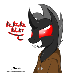 Size: 869x869 | Tagged: safe, artist:srmario, imported from derpibooru, oc, oc only, oc:reinflak, changeling, changeling oc, clothes, curved horn, grin, horn, male, red changeling, red eyes, signature, simple background, smiling, solo, transparent background