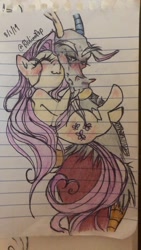 Size: 1080x1920 | Tagged: safe, artist:blulimipop, imported from derpibooru, discord, fluttershy, draconequus, pegasus, pony, blushing, bust, discoshy, eyes closed, female, grumpy, hug, lined paper, male, mare, shipping, straight, traditional art, tsundere