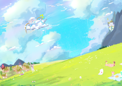 Size: 3508x2480 | Tagged: safe, artist:bubbletea, artist:paperbagpony, imported from derpibooru, oc, oc:paper bag, human, pony, background, canterlot, canterlot castle, cloud, cloudsdale, colorful, colourful, equestria, female, grassland, high res, humanized, illustration, picnic, ponyville, rainbow, scenery, sky, sun, sunny day, sunshine, windmill