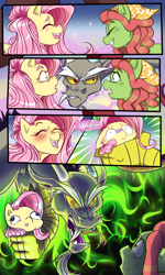 Size: 1200x2000 | Tagged: safe, artist:blulimipop, imported from derpibooru, discord, fluttershy, tree hugger, draconequus, earth pony, pegasus, pony, make new friends but keep discord, angry, blushing, clothes, comic, derp, discoshy, fangs, female, headscarf, holding a pony, jealous, laughing, male, mare, open mouth, scared, scarf, shipping, squeezing, straight, yandere, yanderecord