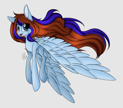 Size: 1280x1124 | Tagged: safe, alternate version, artist:donnie-moon, imported from derpibooru, oc, oc only, pegasus, pony, colored, female, gray background, mare, pegasus oc, signature, simple background, smiling, solo, wings