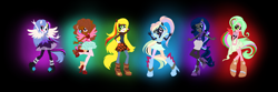 Size: 2736x904 | Tagged: safe, artist:aonairfaol, imported from derpibooru, oc, oc only, oc:airlie, oc:cameo jinx, oc:diamond runner, oc:horizon guard, oc:hot cocoa, oc:pastel boom, hybrid, equestria girls, base used, clothes, equestria girls-ified, female, interspecies offspring, offspring, parent:applejack, parent:big macintosh, parent:cheese sandwich, parent:flash sentry, parent:fluttershy, parent:pinkie pie, parent:rainbow dash, parent:rarity, parent:soarin', parent:twilight sparkle, parent:unnamed oc, parents:canon x oc, parents:cheesepie, parents:flashlight, parents:fluttermac, parents:soarindash, ponied up, rainbow power, wings