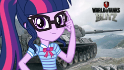 Size: 1920x1080 | Tagged: safe, artist:edy_january, edit, imported from derpibooru, screencap, sci-twi, twilight sparkle, equestria girls, background, leopard 1, military, solo, tank (vehicle), wallpaper, wallpaper edit, world of tanks, world of tanks blitz