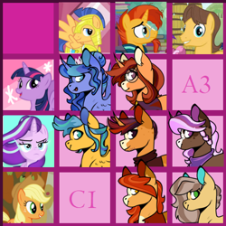 Size: 400x400 | Tagged: safe, artist:goldlines005, imported from derpibooru, applejack, caramel, flash sentry, starlight glimmer, sunburst, twilight sparkle, oc, alicorn, pegasus, pony, unicorn, bust, female, male, mare, offspring, parent:applejack, parent:caramel, parent:flash sentry, parent:starlight glimmer, parent:sunburst, parent:twilight sparkle, parents:appleburst, parents:carajack, parents:flashlight, parents:starburst, parents:twiburst, smiling, stallion, twilight sparkle (alicorn)