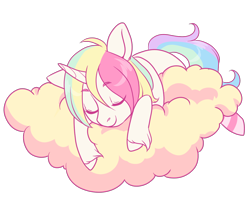 Size: 1200x1000 | Tagged: safe, artist:lavvythejackalope, imported from derpibooru, oc, oc only, pony, unicorn, clothes, cloud, commission, eyes closed, horn, multicolored hair, on a cloud, rainbow hair, simple background, sleeping, socks, solo, striped socks, transparent background, unicorn oc, unshorn fetlocks, ych result