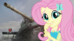 Size: 1920x1080 | Tagged: safe, artist:edy_january, edit, imported from derpibooru, screencap, fluttershy, equestria girls, geode of fauna, magical geodes, military, solo, t-62a, tank (vehicle), wallpaper, wallpaper edit, world of tanks, world of tanks blitz