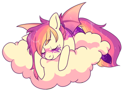 Size: 1300x1000 | Tagged: safe, artist:lavvythejackalope, imported from derpibooru, oc, oc only, bat pony, pony, bat pony oc, bat wings, cloud, commission, eyes closed, female, mare, on a cloud, simple background, sleeping, solo, transparent background, wings, ych result