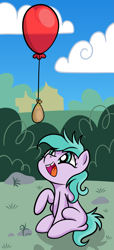 Size: 1415x3107 | Tagged: safe, artist:dinkyuniverse, imported from derpibooru, aura (character), pony, atg 2021, aura (g4), balloon, female, filly, newbie artist training grounds, solo