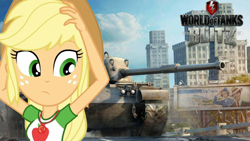 Size: 1920x1080 | Tagged: safe, artist:edy_january, edit, imported from derpibooru, screencap, applejack, equestria girls, m48 patton, m48a1 patton, military, solo, tank (vehicle), wallpaper, wallpaper edit, world of tanks, world of tanks blitz