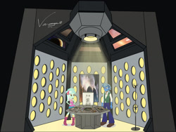 Size: 1280x960 | Tagged: safe, artist:vanossfan10, imported from derpibooru, doctor whooves, lyra heartstrings, time turner, human, equestria girls, doctor who, doctor whooves the living legacy, humanized, tardis, tardis console room, tardis control room