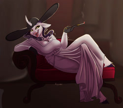 Size: 1797x1575 | Tagged: safe, artist:unfinishedheckery, imported from derpibooru, rarity, anthro, unguligrade anthro, unicorn, vampire, breasts, busty rarity, cigarette, cigarette holder, clothes, digital art, dress, female, floppy ears, gloves, hat, horn, lady dimitrescu, lady raritrescu, looking at you, open mouth, open smile, pose, resident evil 8, sharp teeth, smiling, smiling at you, smoking, solo, solo female, tail, teeth