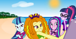 Size: 2751x1434 | Tagged: safe, artist:bigpurplemuppet99, imported from derpibooru, adagio dazzle, aria blaze, sci-twi, sonata dusk, twilight sparkle, equestria girls, beach, clothes, swimsuit, the dazzlings