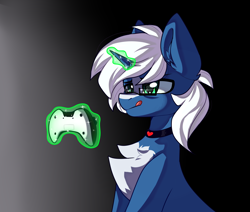 Size: 6500x5500 | Tagged: safe, artist:volchonok, imported from derpibooru, oc, oc only, oc:passi deeper, pony, unicorn, choker, coat markings, controller, eyebrows, glasses, glowing horn, gradient background, green eyes, horn, levitation, magic, magic aura, male, sitting, solo, stallion, telekinesis, tongue out, unicorn oc