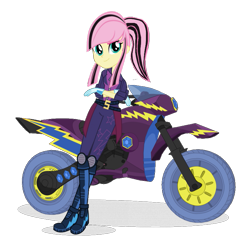 Size: 817x817 | Tagged: safe, artist:sunsetshimmer333, imported from derpibooru, fluttershy, equestria girls, friendship games, alternate universe, boots, clothes, clothes swap, crossed arms, female, gloves, helmet, leaning, looking at you, motocross outfit, motorcross, motorcycle, shadow, shoes, simple background, smiling, smiling at you, solo, transparent background