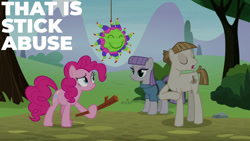 Size: 1280x720 | Tagged: safe, edit, edited screencap, editor:quoterific, imported from derpibooru, screencap, maud pie, mudbriar, pinkie pie, earth pony, pony, season 8, the maud couple, spoiler:s08, eyes closed, female, male, mare, open mouth, piñata, stallion, trio