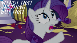 Size: 1280x720 | Tagged: safe, edit, edited screencap, editor:quoterific, imported from derpibooru, screencap, rarity, pony, unicorn, castle sweet castle, season 5, apple, bucket, female, flower, food, hay, mare, open mouth, raised hoof, rarity being rarity, solo, twilight's castle