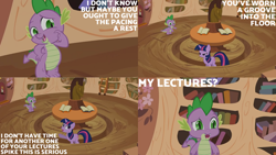 Size: 1280x720 | Tagged: safe, edit, edited screencap, editor:quoterific, imported from derpibooru, screencap, spike, twilight sparkle, dragon, pony, unicorn, it's about time, season 2, duo, female, golden oaks library, male, mare, open mouth, unicorn twilight