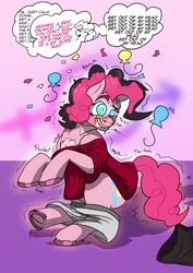 Size: 2480x3507 | Tagged: safe, artist:mcsplosion, imported from derpibooru, pinkie pie, earth pony, pony, balloon, confetti, drool, frog (hoof), high res, human to pony, lip bite, male to female, mental shift, onomatopoeia, possession, rule 63, swirly eyes, thought bubble, transformation, transformation sequence, transgender transformation, underhoof