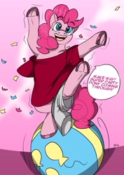 Size: 2480x3507 | Tagged: safe, artist:mcsplosion, imported from derpibooru, pinkie pie, earth pony, pony, ball, balloon, bipedal, clothes, confetti, female, frog (hoof), high res, human to pony, male to female, open mouth, open smile, rule 63, shirt, smiling, speech bubble, standing, standing on one leg, transformation, transgender transformation, underhoof