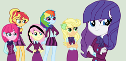 Size: 1260x616 | Tagged: safe, alternate version, artist:planet-moonlight, imported from derpibooru, applejack, fluttershy, indigo zap, lemon zest, pinkie pie, rainbow dash, rarity, sour sweet, sugarcoat, sunny flare, sunset shimmer, acadeca, equestria girls, friendship games, alternate universe, clothes, clothes swap, crossed arms, crystal prep academy uniform, needs more pixels, school uniform, shadow five, shadowbolts