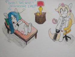 Size: 2000x1500 | Tagged: safe, artist:cherro, imported from derpibooru, oc, oc only, oc:cherry blossom, oc:mal, earth pony, pony, unicorn, chair, clothes, couch, dialogue, female, lab coat, lamp, therapist, therapy, tissue box, traditional art