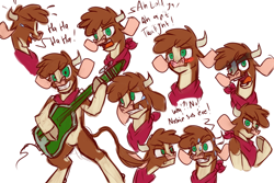 Size: 1800x1200 | Tagged: safe, artist:redahfuhrerking, imported from derpibooru, cow, them's fightin' herds, arizona (tfh), bandana, cloven hooves, community related, dialogue, eye dialect, female, guitar, musical instrument, simple background, tara strong, voice actor joke, white background