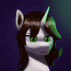 Size: 1000x1000 | Tagged: safe, artist:trotski432, artist:vezja, imported from derpibooru, oc, oc only, pony, unicorn, bust, commission, female, grumpy, mare, portrait, simple background, solo