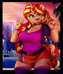 Size: 3511x4096 | Tagged: safe, artist:canvymamamoo, imported from derpibooru, sunset shimmer, anthro, unicorn, belly button, big breasts, breasts, busty sunset shimmer, chest fluff, choker, clothes, double peace sign, ear piercing, earring, female, jacket, jewelry, lidded eyes, looking at you, open mouth, peace sign, piercing, skirt, socks, solo, stockings, thigh highs, tongue out