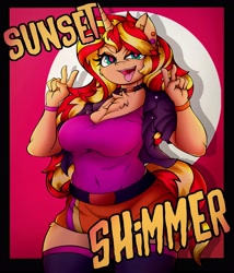 Size: 3511x4096 | Tagged: safe, alternate version, artist:canvymamamoo, imported from derpibooru, sunset shimmer, anthro, unicorn, abstract background, belly button, big breasts, breasts, busty sunset shimmer, chest fluff, choker, clothes, double peace sign, ear piercing, earring, female, jacket, jewelry, lidded eyes, looking at you, open mouth, peace sign, piercing, skirt, socks, solo, stockings, thigh highs, tongue out