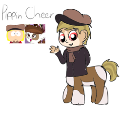 Size: 1637x1536 | Tagged: safe, artist:colorcodetheartist, imported from derpibooru, oc, oc:pippin cheer, centaur, human, taur, clothes, crossover, crossover ship offspring, crossover shipping, hat, humanized, magical gay spawn, markings, newsboy hat, offspring, parent:pip pirrup, parent:pipsqueak, scarf, shipping, south park, vitiligo