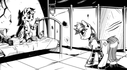 Size: 4256x2364 | Tagged: safe, artist:lexx2dot0, imported from derpibooru, oc, oc only, oc:blackjack, oc:littlepip, pony, unicorn, fallout equestria, fallout equestria: project horizons, series:ph together we reread, black and white, clothes, duo, fanfic art, grayscale, horn, jumpsuit, monochrome, pipbuck, small horn, vault suit