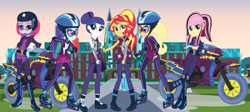 Size: 1335x598 | Tagged: safe, alternate version, artist:sunsetshimmer333, imported from derpibooru, applejack, fluttershy, pinkie pie, rainbow dash, rarity, sunset shimmer, equestria girls, friendship games, alternate hairstyle, alternate timeline, alternate universe, arrow, bow (weapon), bow and arrow, clothes swap, crystal prep shadowbolts, helmet, motorcross, motorcycle, motorcycle helmet, motorcycle outfit, night maid rarity, nightmare takeover timeline, pinkamena diane pie, roller skates, weapon