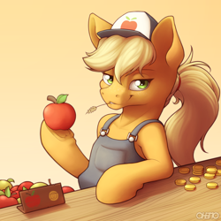 Size: 2000x2000 | Tagged: safe, artist:ohemo, imported from derpibooru, applejack, earth pony, pony, apple, clothes, coin, female, food, herbivore, high res, lidded eyes, looking at you, overalls, smiling, smiling at you, solo