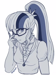 Size: 1911x2559 | Tagged: safe, artist:maren, imported from derpibooru, sci-twi, twilight sparkle, equestria girls, bowtie, clothes, doodle, geode of telekinesis, glasses, magical geodes, monochrome, shirt, simple background, solo