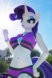 Size: 2560x3840 | Tagged: safe, artist:shadowboltsfm, imported from derpibooru, rarity, anthro, plantigrade anthro, unicorn, 3d, beach shorts swimsuit, belly button, blender, bracelet, breasts, busty rarity, clothes, equestria girls outfit, eyeshadow, female, geode of shielding, hand on hip, high res, jeweled swimsuit, jewelry, lens flare, lipstick, magical geodes, makeup, midriff, not sfm, rarity's beach shorts swimsuit, rarity's purple bikini, solo, swimsuit