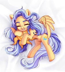 Size: 900x1000 | Tagged: safe, artist:youth_roses, imported from derpibooru, oc, oc only, pegasus, pony, commission, eyes closed, female, lying down, mare, smiling, wings