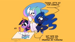 Size: 1920x1080 | Tagged: safe, artist:opossum-stuff, imported from derpibooru, princess celestia, princess luna, twilight sparkle, alicorn, pony, dialogue, drawing, grammar error, pencil, royal sisters, siblings, sisters