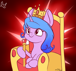 Size: 968x910 | Tagged: safe, artist:alexsc112, imported from derpibooru, izzy moonbow, pony, unicorn, crown, g5, jewelry, out of character, regalia, scepter, smol, solo, throne