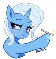Size: 1904x2008 | Tagged: safe, artist:maren, imported from derpibooru, trixie, pony, unicorn, abstract background, balancing, bust, eyelashes, female, horn, mare, nail file, simple background, smug, solo, white background