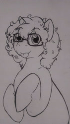 Size: 1839x3262 | Tagged: safe, artist:mintbubbie, imported from derpibooru, oc, oc only, oc:neapolitan swirl, pony, unicorn, glasses, grayscale, looking at you, male, monochrome, offspring, parent:cheese sandwich, parent:pinkie pie, parents:cheesepie, solo, stallion, tongue out, traditional art
