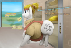 Size: 2696x1840 | Tagged: safe, artist:lupin quill, imported from derpibooru, oc, oc:snow veil, unicorn, series:snow helps herself (weight gain), apron, belly, big belly, bread, butt, chubby, chubby cheeks, clothes, croissant, dialogue, diner, eating, fat, fat fetish, female, fetish, food, grin, headband, horn, kitchen, large butt, lineless, magic, name tag, plot, ponytail, sandwich, smiling, tight clothing, unicorn oc, waitress, weight gain, weight gain sequence, window