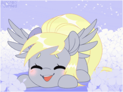 Size: 2000x1499 | Tagged: safe, artist:auroracursed, imported from derpibooru, derpy hooves, pegasus, pony, animated, blushing, cute, derpabetes, eyes closed, female, flower, gif, happy, lying down, mare, open mouth, open smile, prone, smiling, solo, spread wings, wings