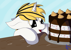 Size: 7015x4960 | Tagged: safe, artist:sroka001, imported from derpibooru, oc, oc:srok, pony, unicorn, cake, cute, food, happy, open mouth, table